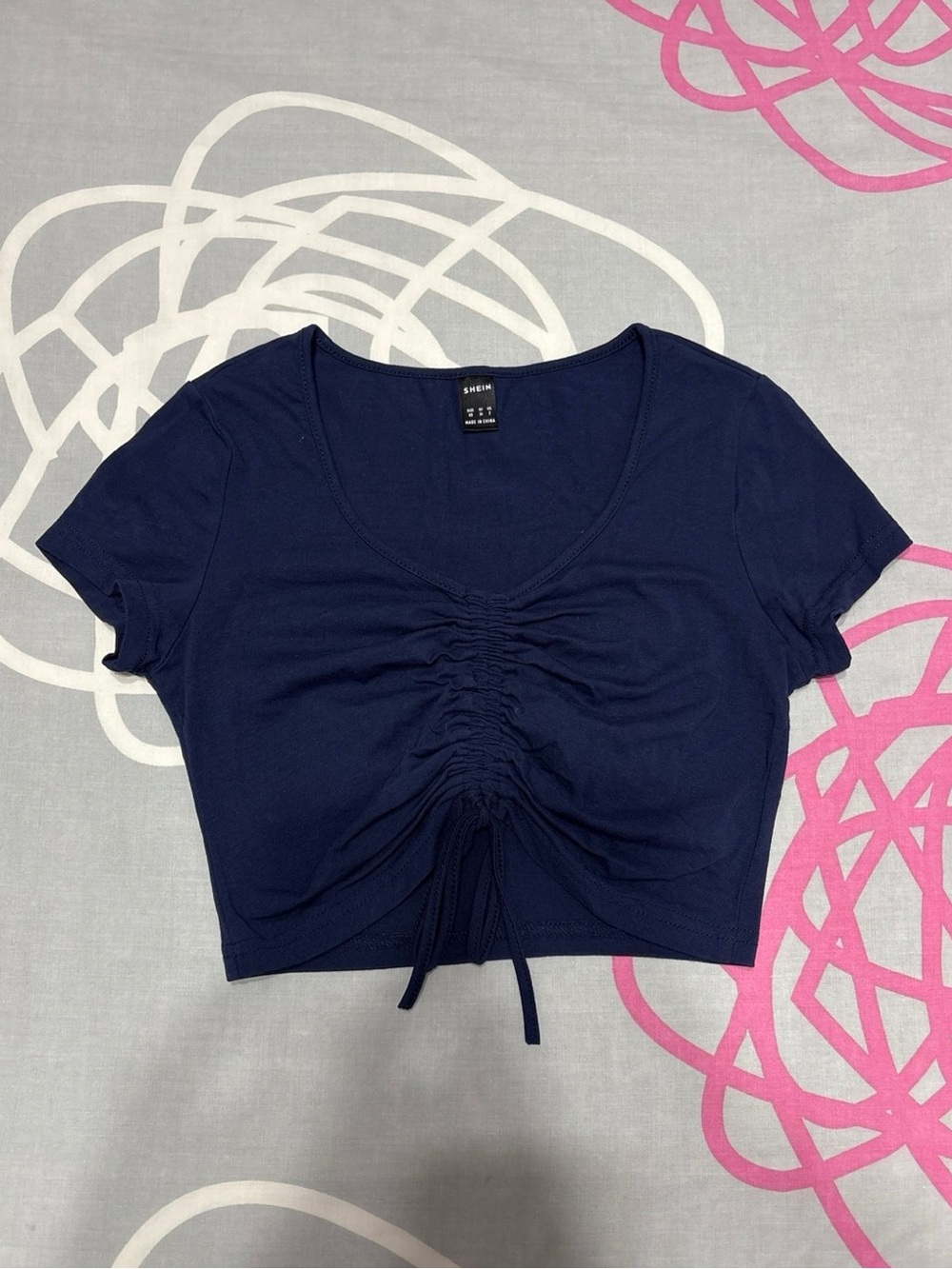 SHEIN Navy Blue Ruched Drawstring Crop Top
